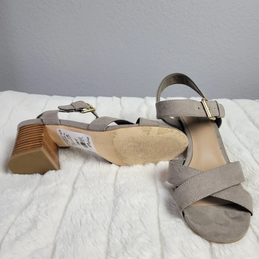 14th & UNION // taupe grey suede adjustable ankle strap heeled sandals